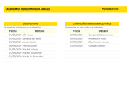 Calendario 2020 domingo a sábado