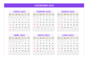 Calendario 2022 domingo a sábado en Excel