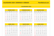 Calendario 2024 domingo a sábado en Excel